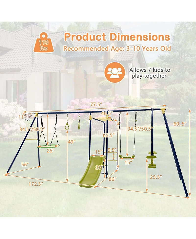 Gymax 660 lbs Kids Metal Swing Set for Backyard 7-in-1 Multifunctional Swing Set