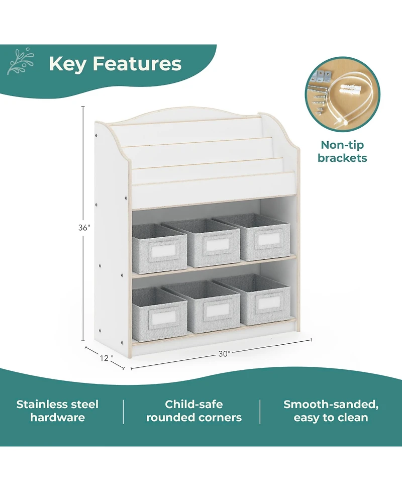 Guidecraft EdQ Book and Bin Browser - Natural: Children's Tall Wooden Bookshelf to Display Organize Kids' Books Playroom