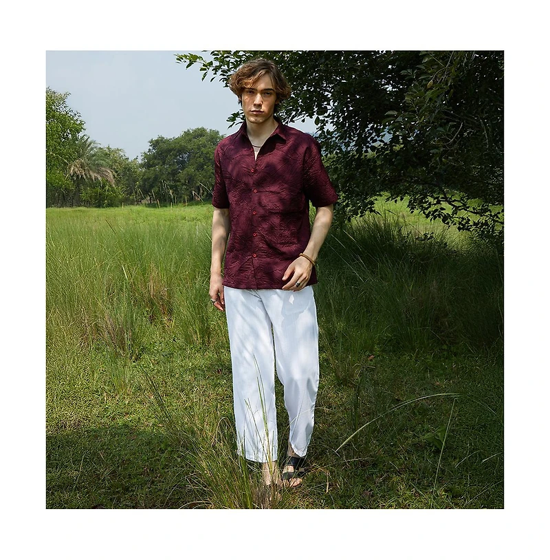 Campus Sutra Men's Wine Red Foliage-Tactile Shirt