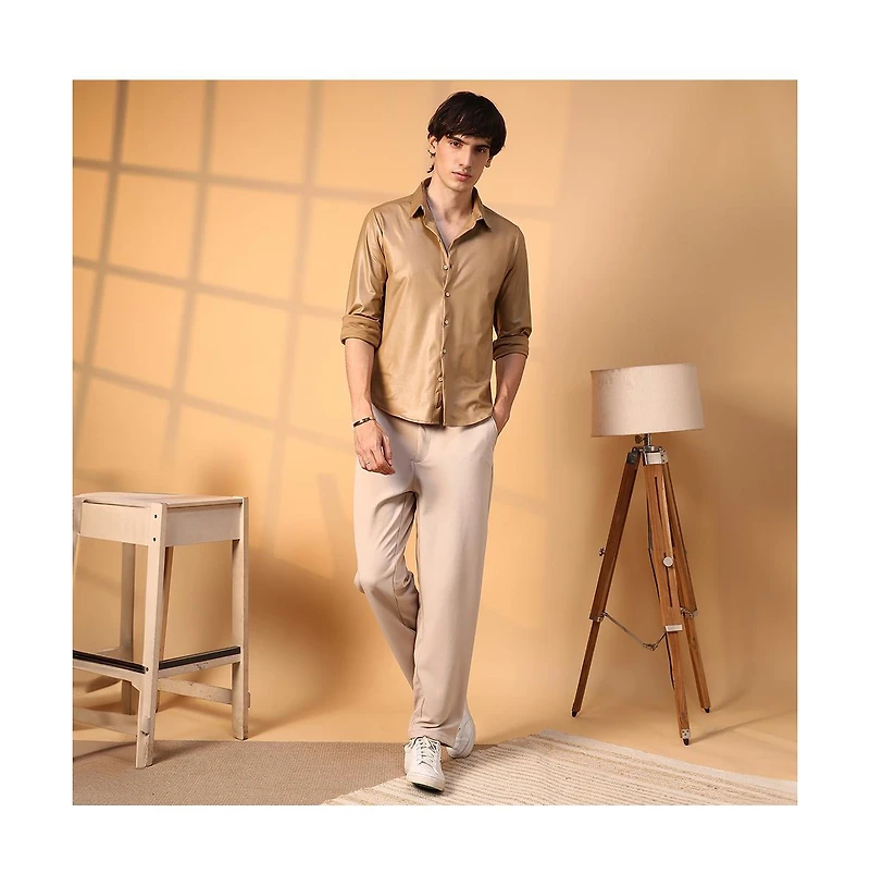 Campus Sutra Men's Camel Brown Solid Suede Shirt