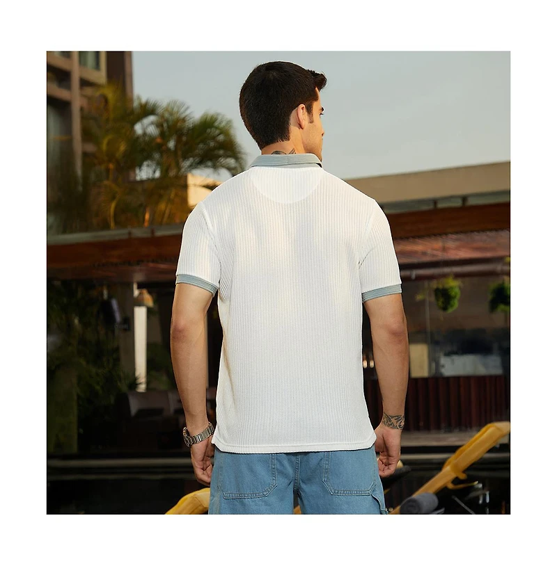 Campus Sutra Men's Chalk White & Sage Green Contrast Ribbed Polo T-Shirt