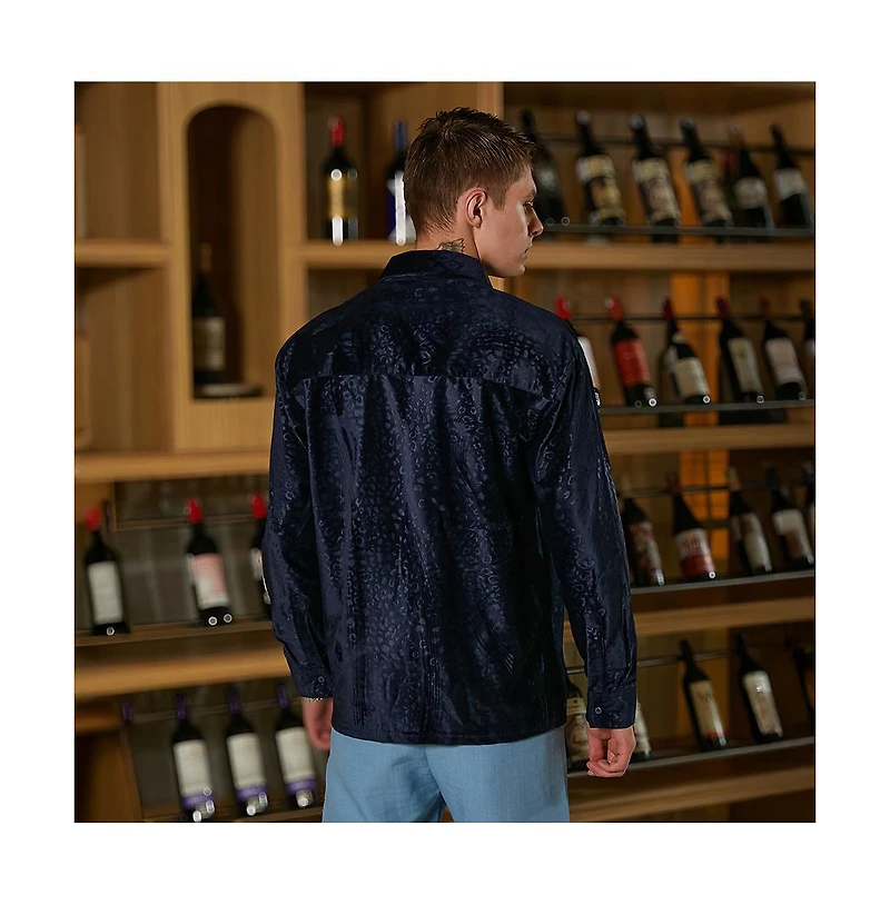 Campus Sutra Men's Navy Blue Cheetah Velvet Oversized Shirt