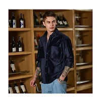 Campus Sutra Men's Navy Blue Cheetah Velvet Oversized Shirt