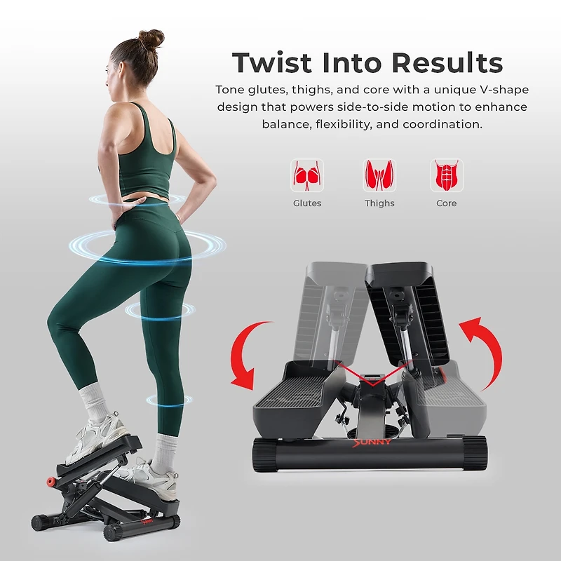 Sunny Health & Fitness Smart Twist Stepper with Resistance Bands, Free SunnyFit App via Bluetooth, 300 Lb Weight Capacity