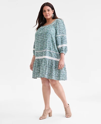 Style & Co Plus Printed Lace-Trim 3/4-Sleeve Dress, Macy's Exclusive