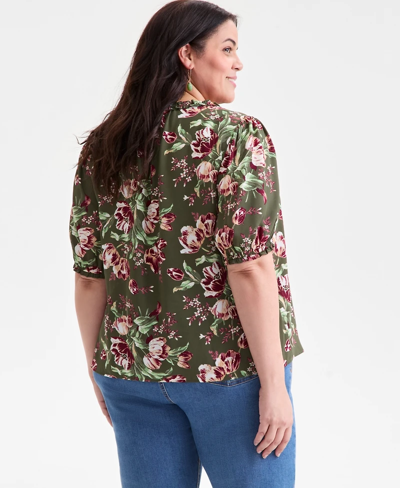 Style & Co Plus Floral Printed Puff-Sleeve Blouse, Macy's Exclusive
