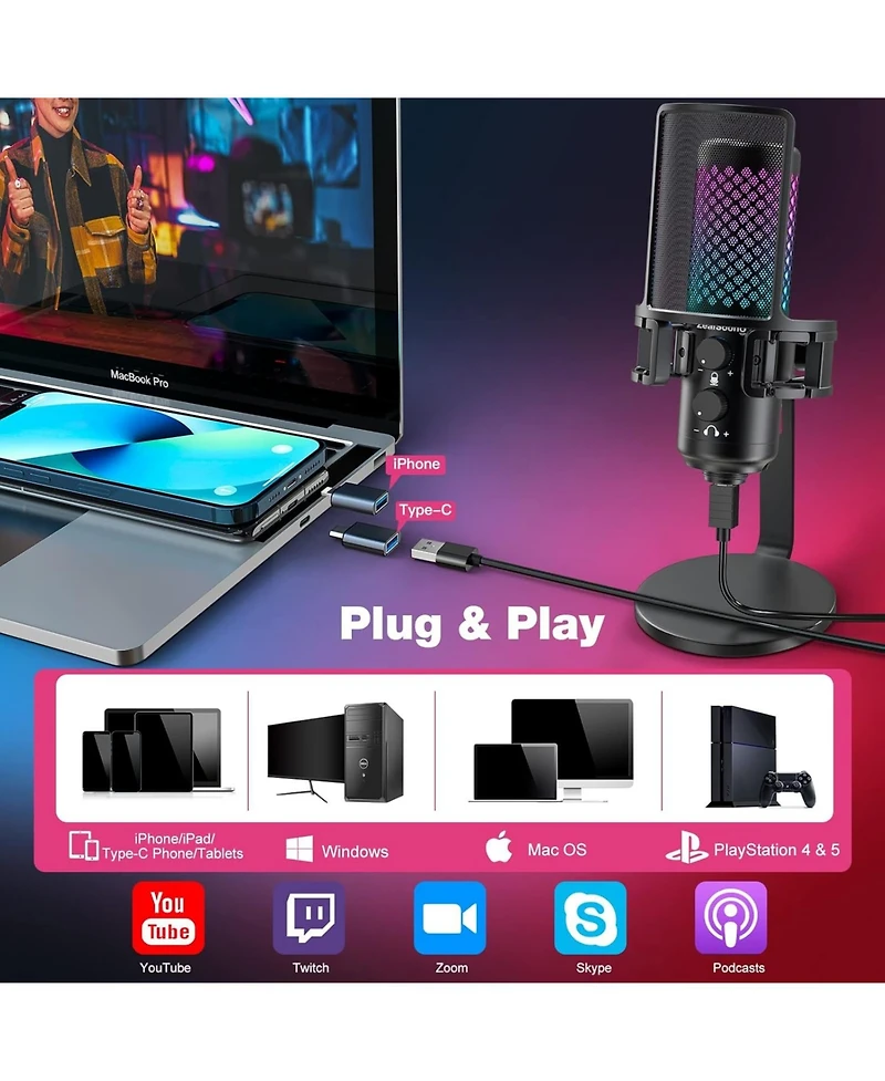 ZealSound Gaming Usb Rgb Microphone Bkd-12a and 19inch gooseneck Flexible Microphone arm Stand H19