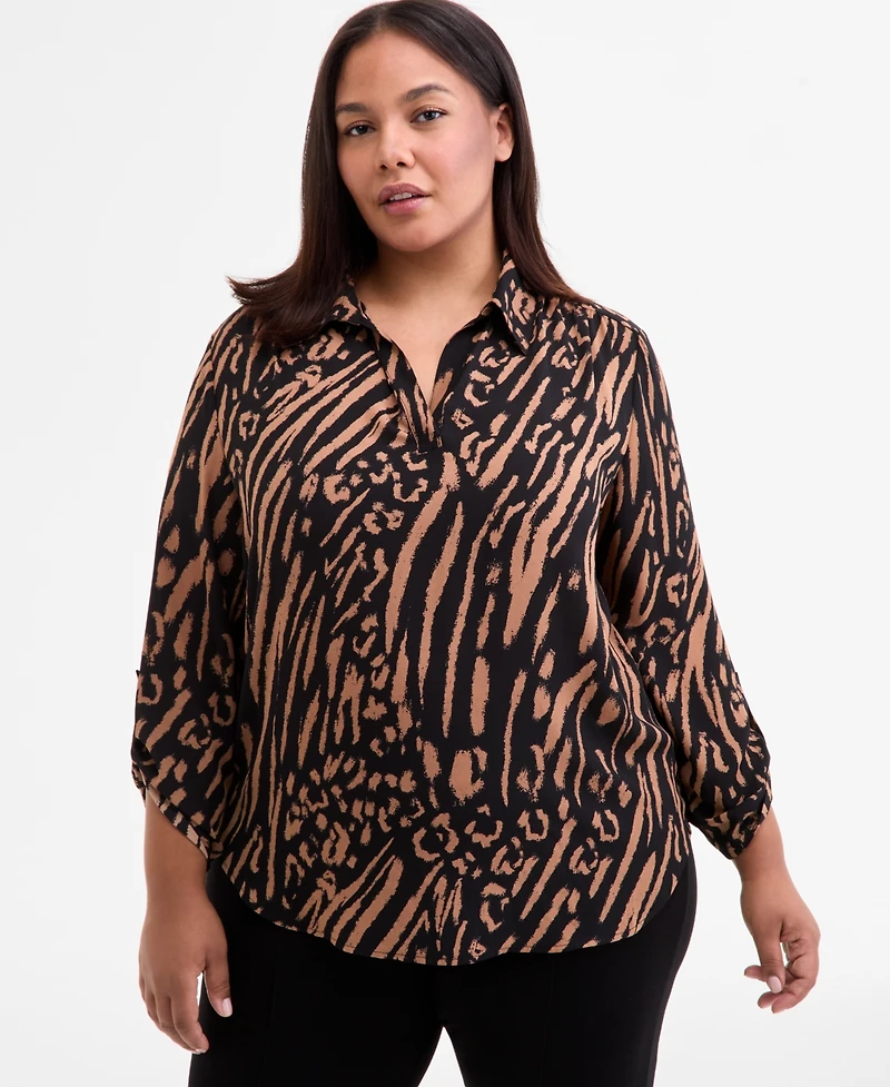 Ak Anne Klein Plus Printed Roll-Tab Blouse