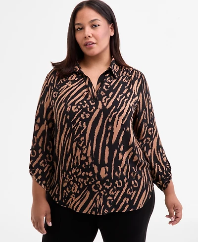 Ak Anne Klein Plus Printed Roll-Tab Blouse