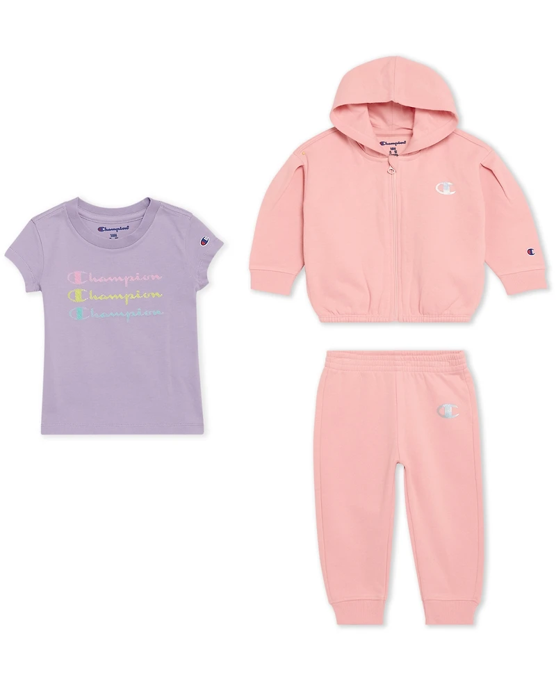 Champion Baby Girls 3-Piece Short Sleeve T-Shirt, Full Zip Hoodie and Joggers Set