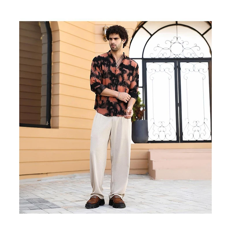 Campus Sutra Men's Obsidian Black & Sienna Brown Smudged-Block Regular Shirt
