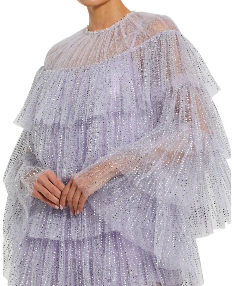 Mac Duggal Women's High Neck Tiered Ruffle Pearl Beaded Cape Dress