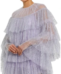 Mac Duggal Women's High Neck Tiered Ruffle Pearl Beaded Cape Dress