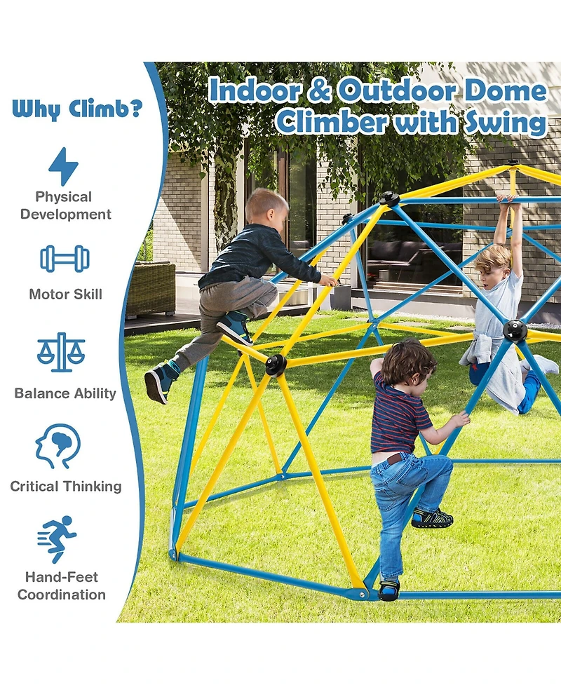 Gymax 10 Ft Climbing Dome with Swing Outdoor Kids Play Jungle Gym