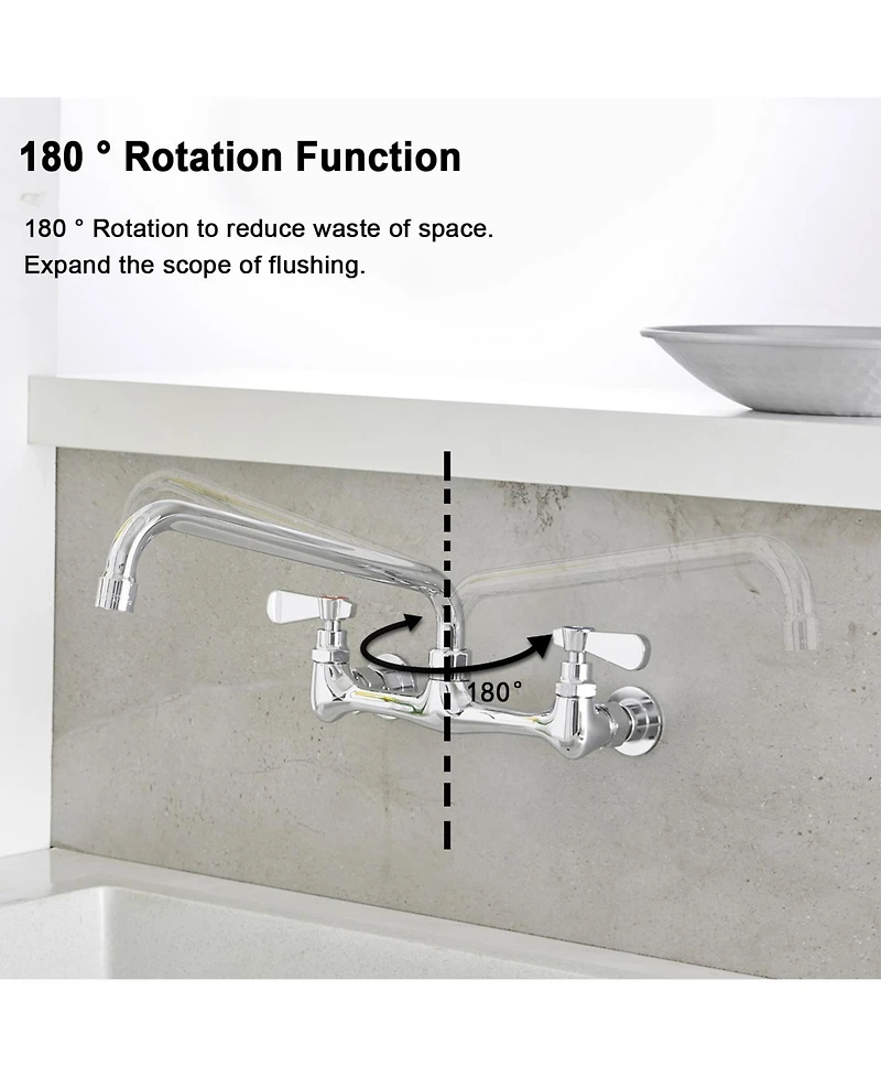 Greenspring 2-Handle Wall Mount Kitchen Faucet With 12 Inch Swivel Spout 8" Center In Polished Chrome