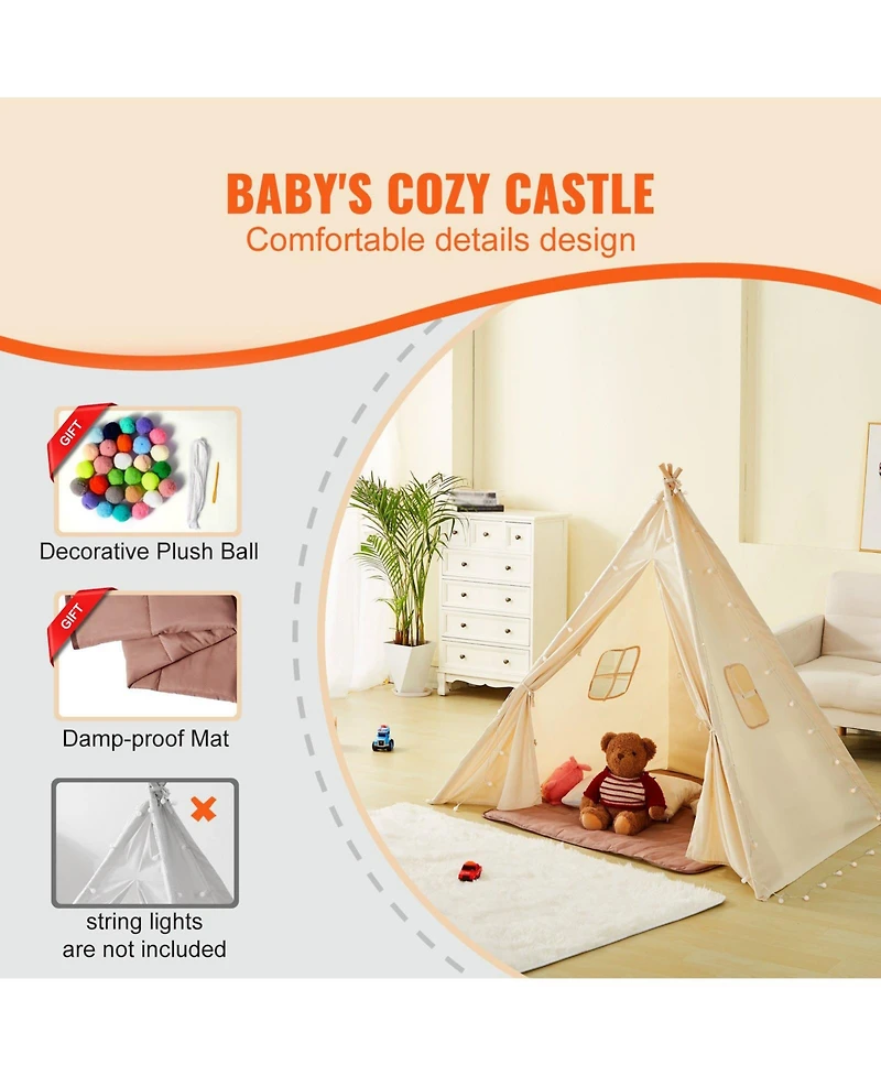 Foldable Kids Teepee Play Tent with Mat Plush Balls and Windows for Ages 1 to 5