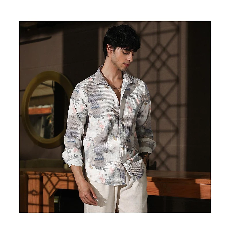 Campus Sutra Men's Moon Grey & Chalk White Artistic-Blur Shirt