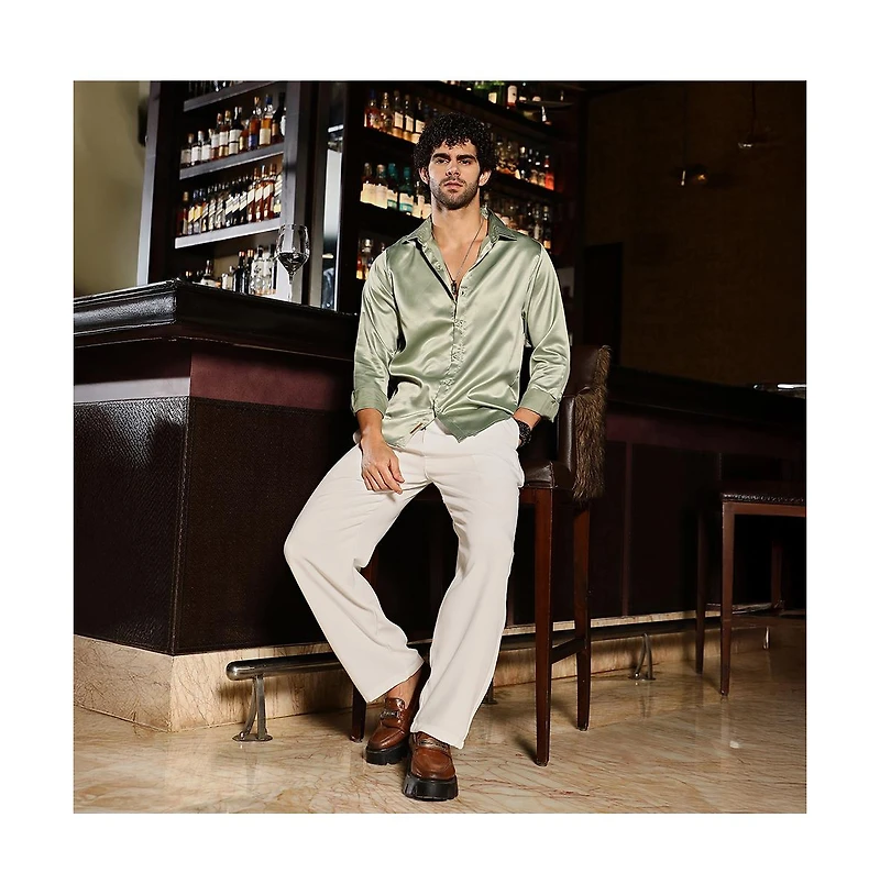 Campus Sutra Men's Sage Green Solid Satin Shirt