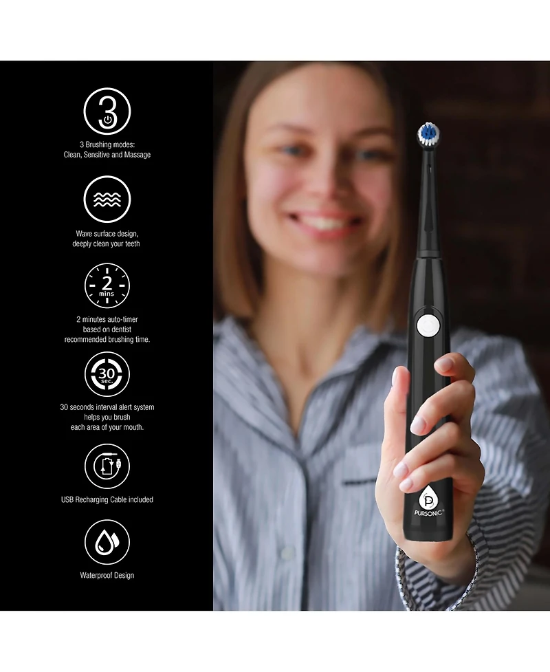 Him's and Her's Pursonic Usb Rechargeable Rotary Toothbrush Bundle – Black & White Set with 6 Brush Heads and Uv Sanitizer Design