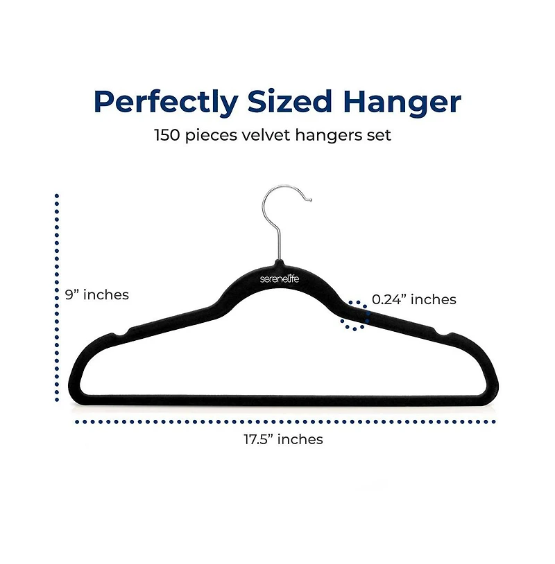 SereneLife 150 Pcs. of Velvet Non-Slip Hangers for Clothes - Heavy Duty Coat Hanger Set with 360° Swivel Hook (Black)