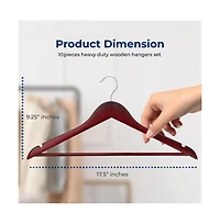 10 Pcs. Wooden Hangers - Non-Slip, Sturdy, and Heavy Duty Suit Hanger Set with Chrome 360° Swivel Hook (Cherry