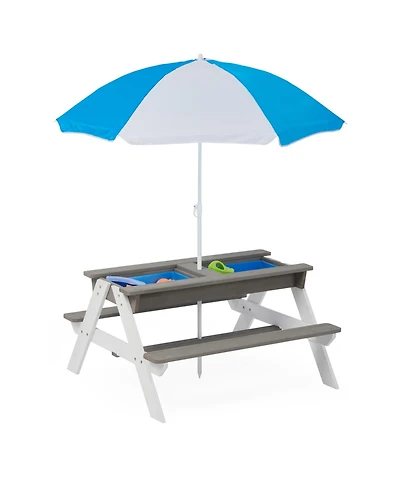 Flynama One 3-in-1 Kids Outdoor Wooden Picnic Table With Umbrella, Convertible Sand & Wate, Gray Astm & Cpsia Certification