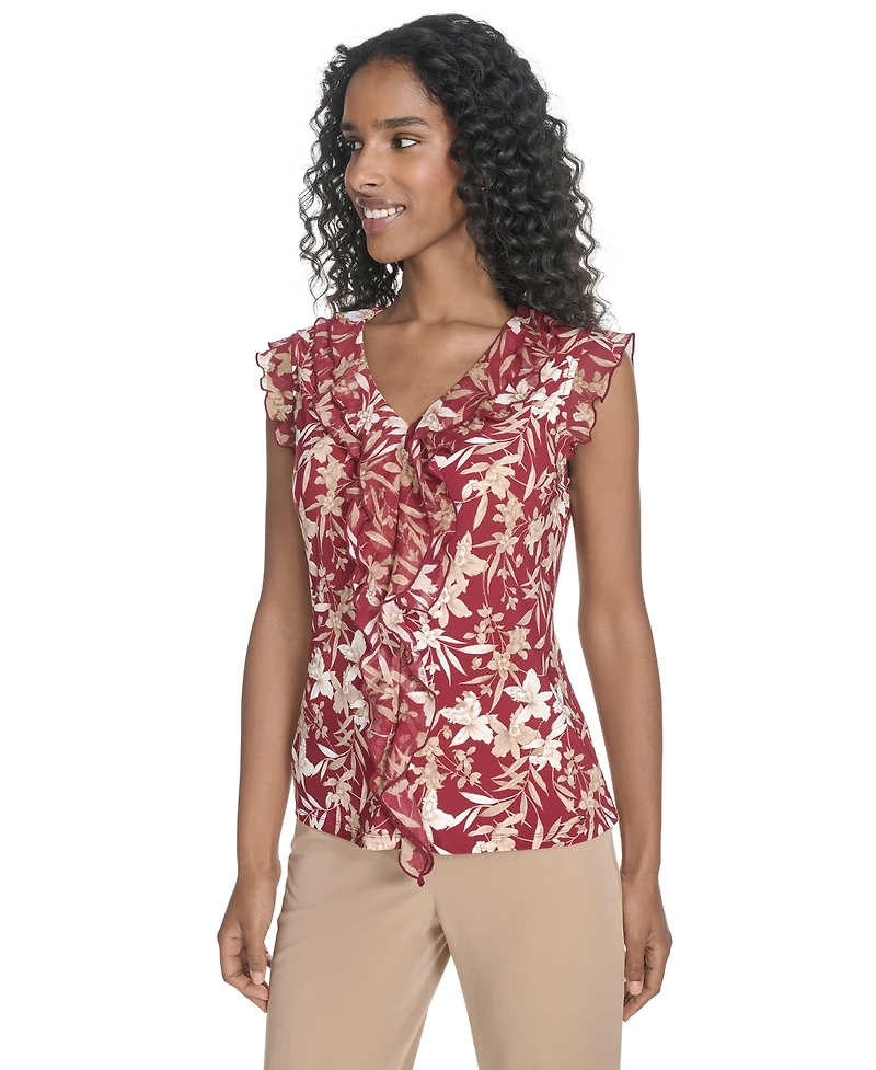 Tommy Hilfiger Women's Ruffled Floral Mixed-Media Top