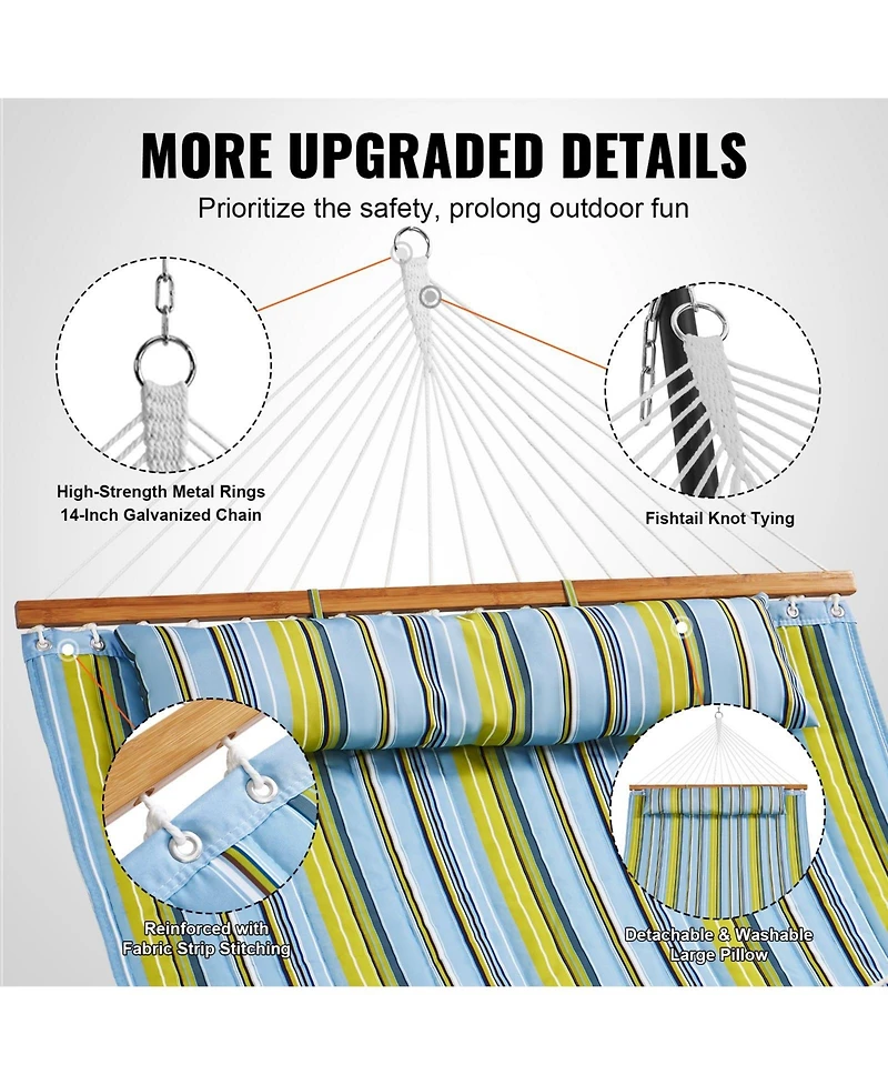 Double Quilted Fabric Hammock with Hardwood Spreader Bar Detachable Pillow