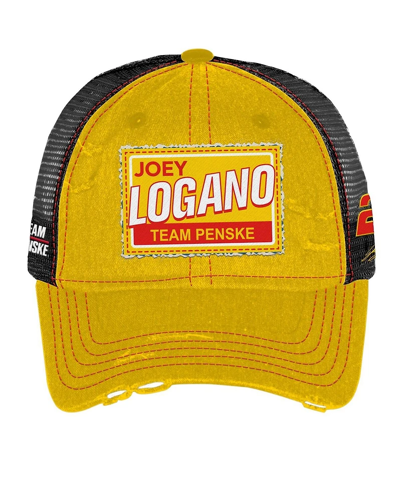 Checkered Flag Sports Men's and Women's Yellow Joey Logano Vintage Patch Trucker Adjustable Hat