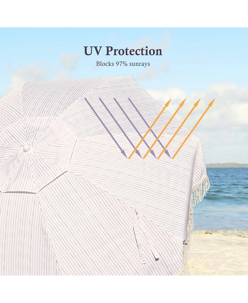 LAGarden Ocean 6 Ft Beach Umbrella with 8 Ribs Sand Anchor Push Button Tilt with Heavier Tassle Carry Bag Outdoor Beach Pool Party Stripe