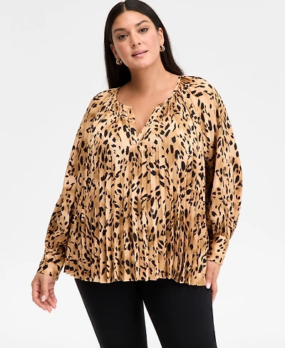 I.n.c. International Concepts Plus Printed Pleated Blouse, Macy's Exclusive