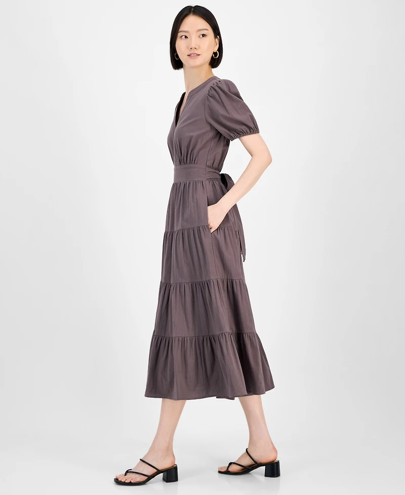 Robbie Bee Women's Cotton Puff-Sleeve Tiered Midi Dress