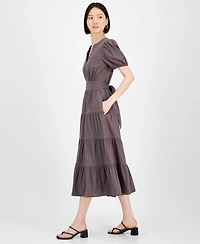 Robbie Bee Women's Cotton Puff-Sleeve Tiered Midi Dress