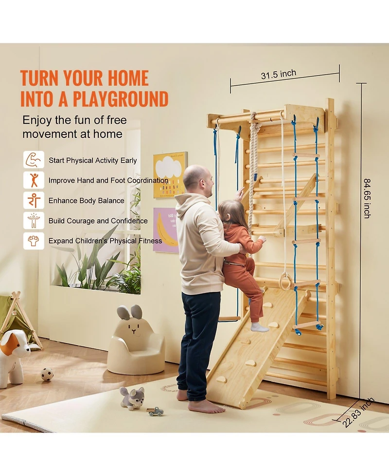 Slickblue Toddler 8 in 1 Wooden Indoor Wall Gym Swedish Ladder Set with Climbing Toys