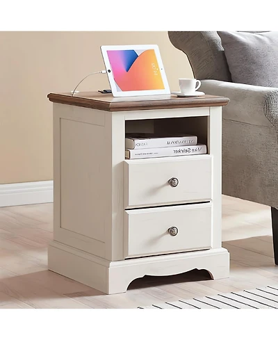 Nightstand 18 Inch with Charging Station,Usb Ports,Antique White