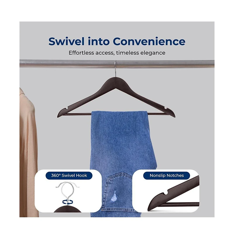 SereneLife 10 Pcs. Wooden Hangers - Non-Slip, Sturdy, and Heavy Duty Suit Hanger Set with Chrome 360° Swivel Hook (Brown)