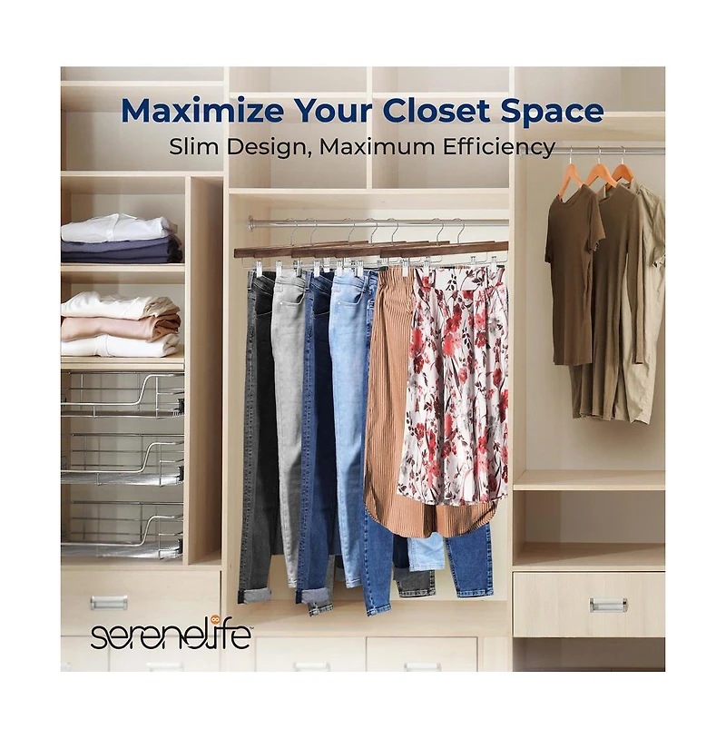 SereneLife 30 Pcs. Premium Wooden Pants Hangers - Heavy Duty Hanger Set with Chrome 360° Swivel Hook (Retro)