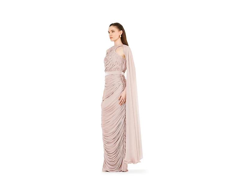 Amri Asymmetric Cutout Ruched Dress With Single Cape Sleeve
