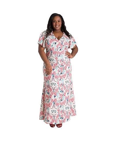 Poetic Justice Plus Butterfly Sleeve Peacock Print Maxi Dress