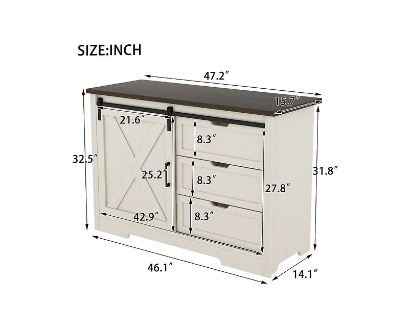 Casainc Storage Cabinet with Silent Sliding Doors and Three Drawers