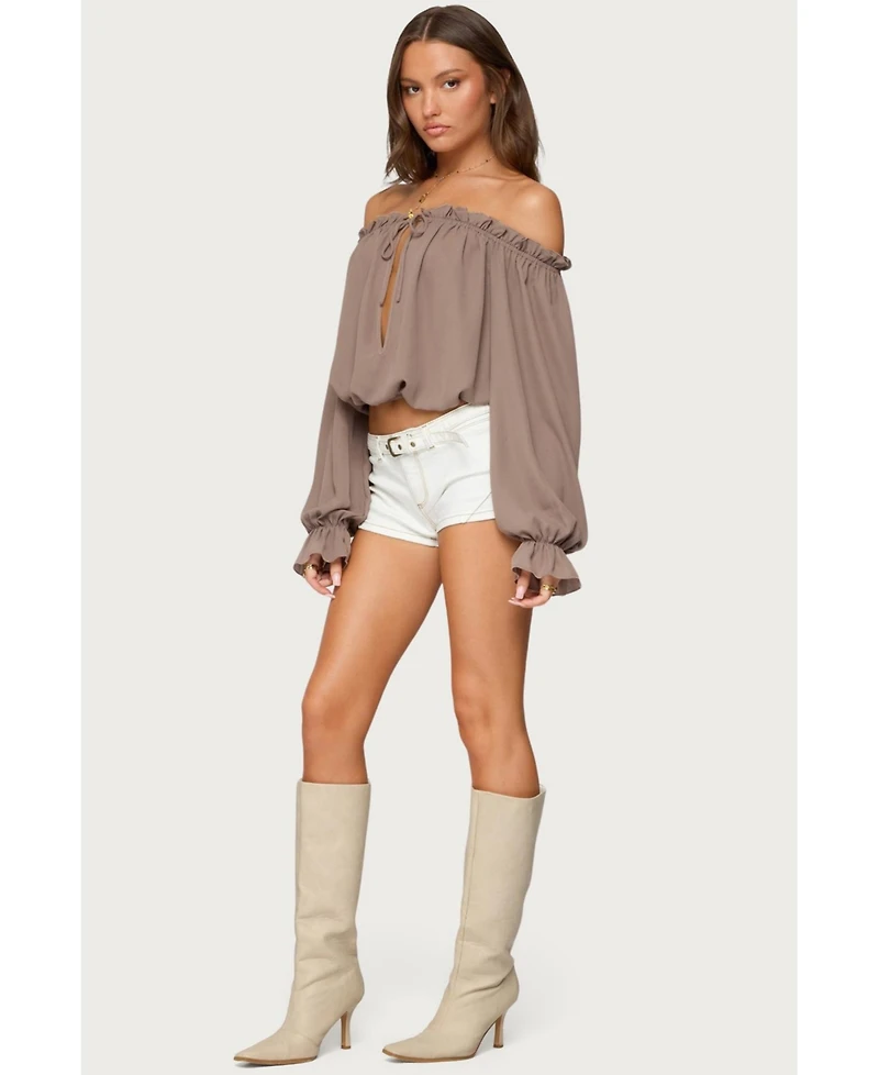 Edikted Women's Juna Off Shoulder Ruffle Chiffon Top