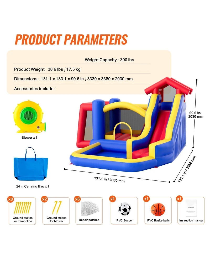 Outdoor Playhouse Trampoline Jumping Bouncer with Slide Blower and Storage Bag