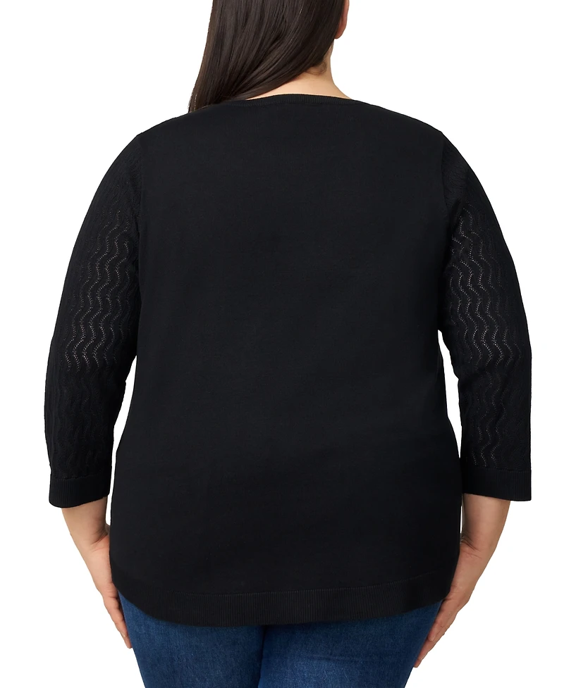 Melissa Paige Plus Pointelle-Yoke 3/4-Sleeve Sweater