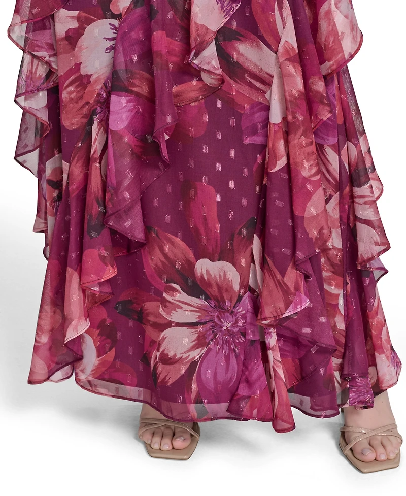Eliza J Petite Printed Chiffon Ruffled-Skirt Halter Gown