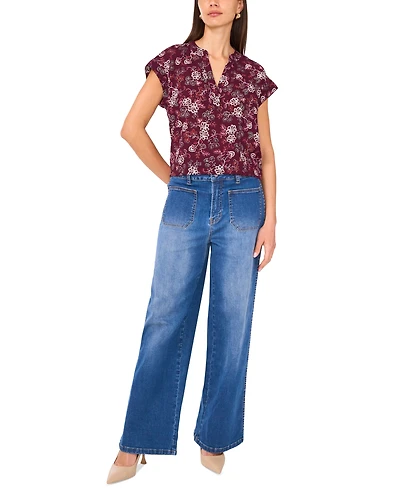 Vince Camuto Women's Floral-Print Split-Neck Short-Sleeve Blouse