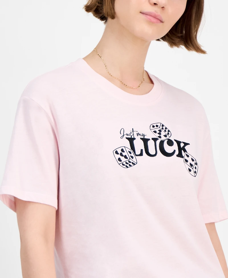 Rebellious One Juniors' Cropped Embroidered Luck T-Shirt