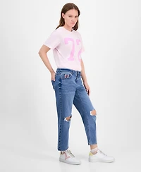 Vanilla Star Juniors' Cropped Straight Destructed Mid-Rise Jeans