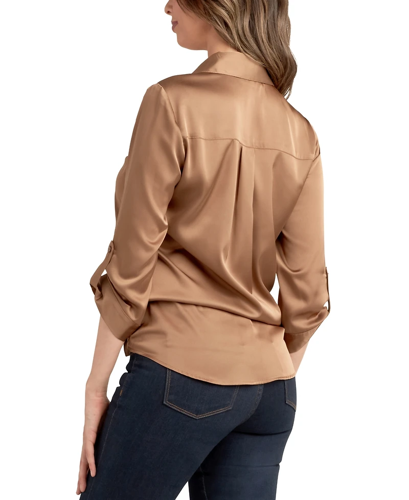 Bcx Juniors' 3/4-Sleeve Tie-Front Satin Top