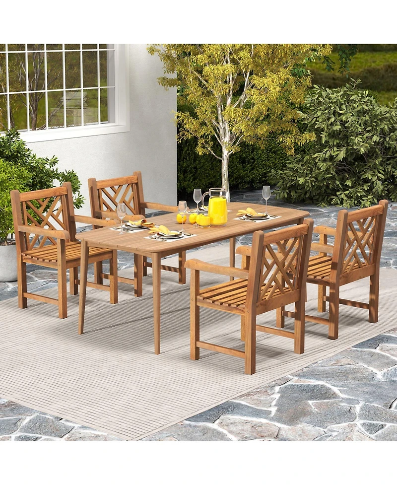 Gymax 4 Pcs Teak Wood Patio Dining Chair Outdoor Armchair w/ Slatted Seat & Solid Legs