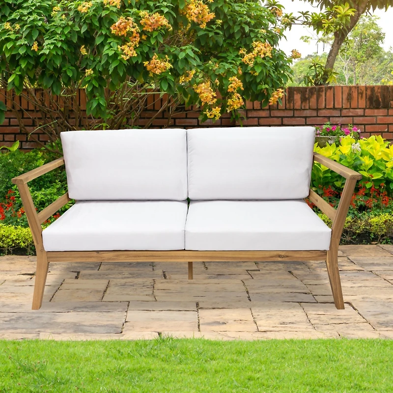 Sunnydaze Decor Bodie Acacia Wood Outdoor Patio Loveseat with Bone White Cushions - 62" W